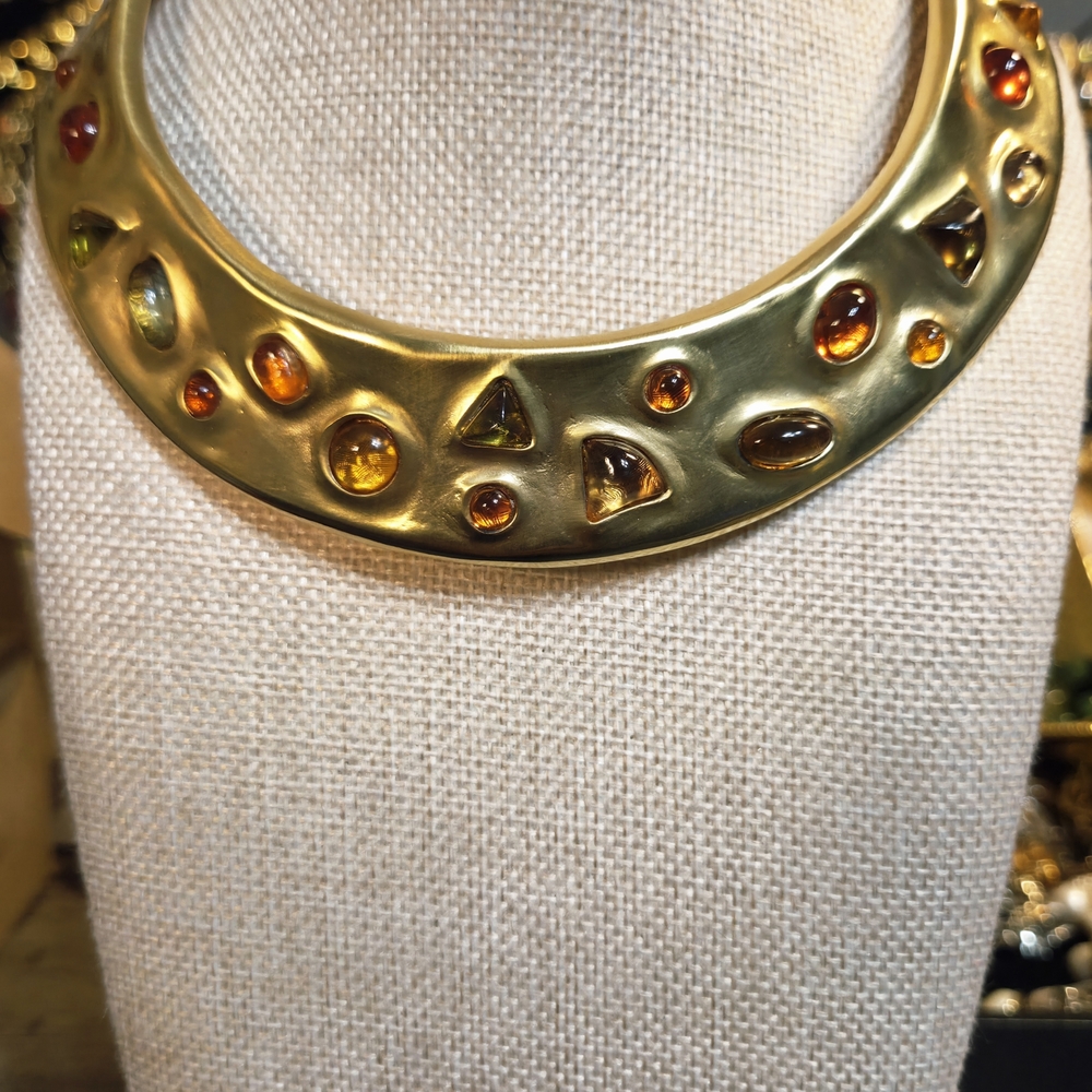 *RARE* VGT 80s VO Les Bernard Amber Color Gripoix GoldTone Gilt Collar Necklace